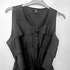 Black Lightweight Button Down Blouse Top Feat. Layered Mini Pleats Ruffles Belt
